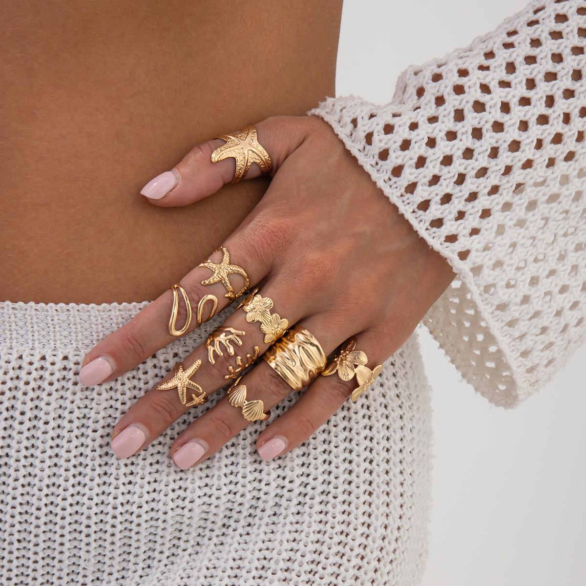 

Ingemark 9Pcs/Set Vintage Hollow Starfish Scallop Open Rings for Women 2026 Trend Engagement Adjustable Ring Summer Jewelry Gift