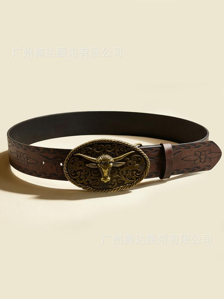 American retro western style belt, old bull head carved buckle belt, street denim wear decorative belt
