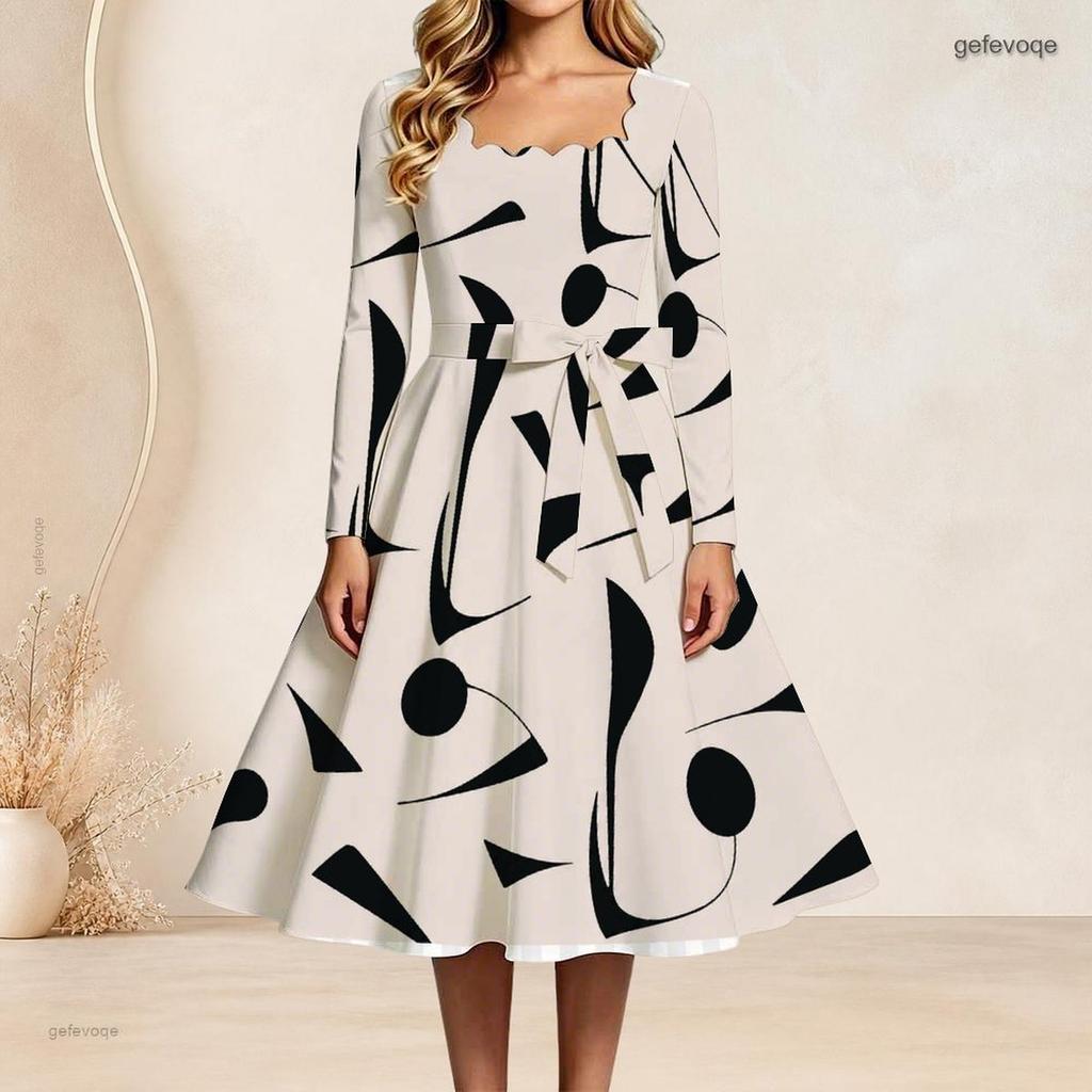 Plus Size Women Square Neck Long Sleeve Blue White Printed A Line Dress With Belt