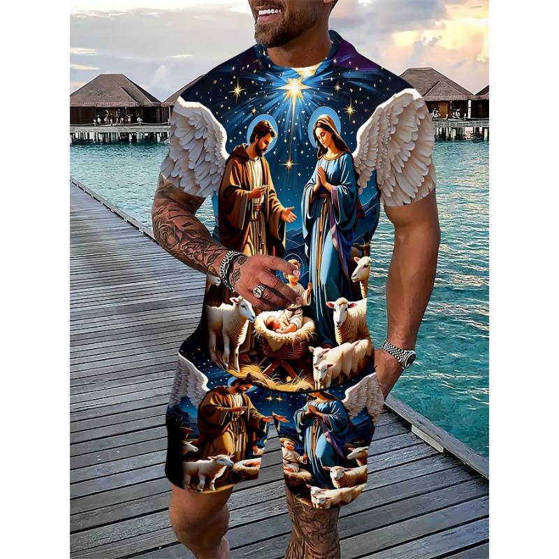 Men s Summer Nativity Print Set: Blue Tee with Jesus Birth Scene & Matching Shorts. Loose Fit Big Size for Beach & Vacation S синий