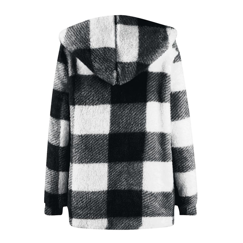 Women's Casual Plush Long Sleeve Plaid Hooded With Pocket Loose Cardigan Coat