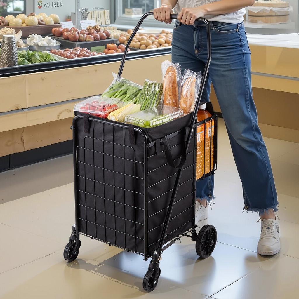 Shopping Cart, Folding Grocery Utility Cart with Dual Baskets, Waterproof Liner & Wheels, 45 KG Large Load Capacity, Heavy Duty Laundry Basket for