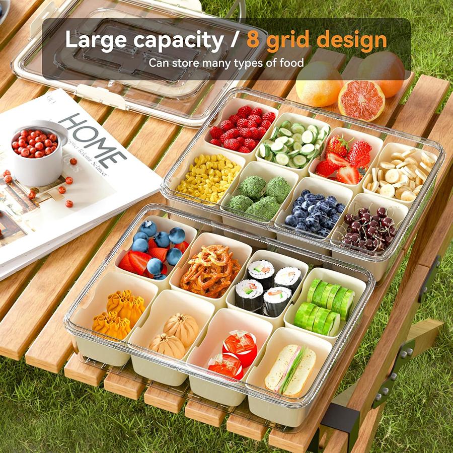 Snackle Box Container, Divided Serving Tray with Lid and Handle, Adding Cutlery Organizer with Fruit Forks and Spoons, Snackle