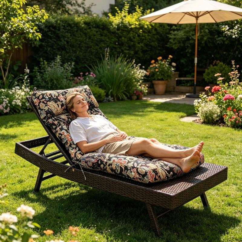 Garden Chair Pad with High Back Headrest, Tufted Outdoor Form and Seat Anchors 125 x 55 cm for Porch Use Daily