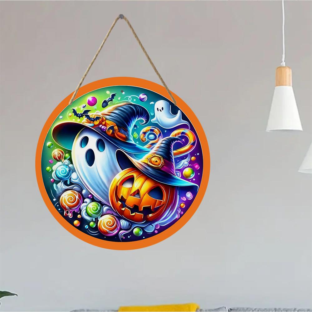 Colorful pumpkin and ghost pattern round wooden hanging plaque indoor outdoor wall art decor farmhouse halloween party home ornament gift