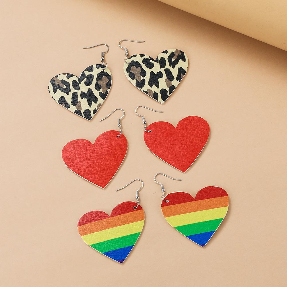 High quality new big love earrings red and black plaid rainbow leopard print heart leather ear hook Amazon ins earrings