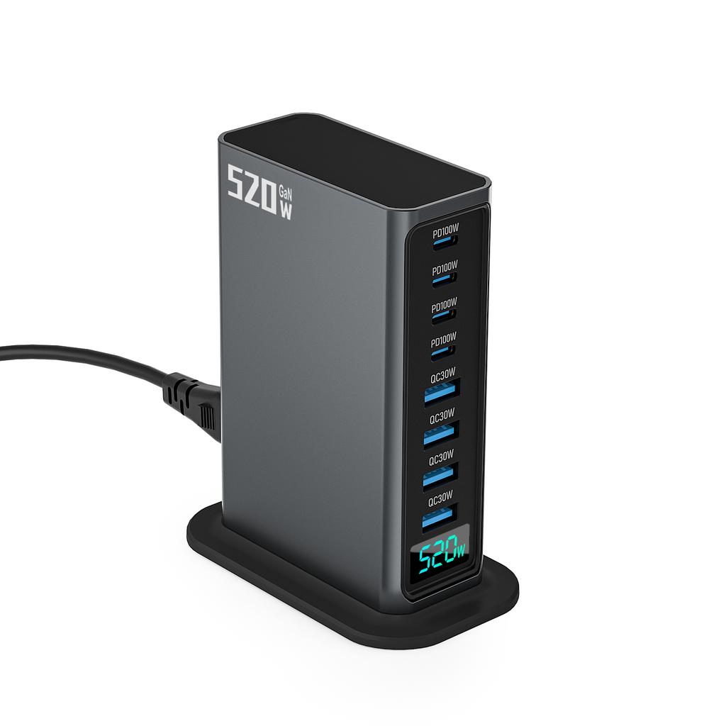 520W GaN Desktop Fast Charger 8-Port 4 USB-C+4 USB-A PD 100W Fast Charger USB Type C Mobile Phone Power Charger Station