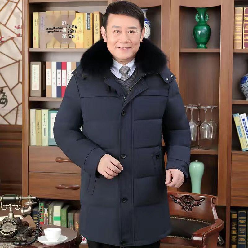 Pánská zimní péřová bunda střední délky s huňatou kapucí a kožíškem – Teplá, volný střih, velká velikost