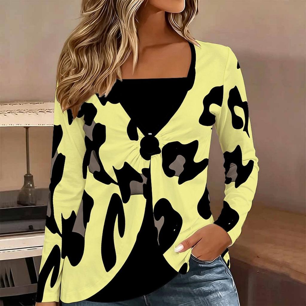 Tops for Women Leopard Print Long Sleeve Fake Two‑Piece Top Fall Casual Slim Pullover Women's Long Sleeve Top