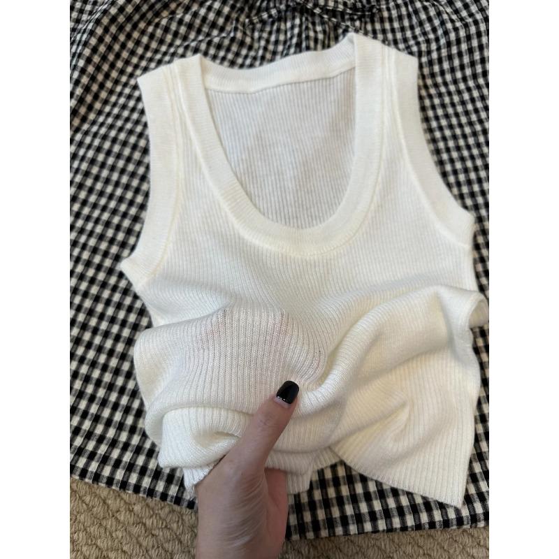 Women Solid Color U Neck Ribbed Slim Fit Thin Knit Casual Tank Top S белый
