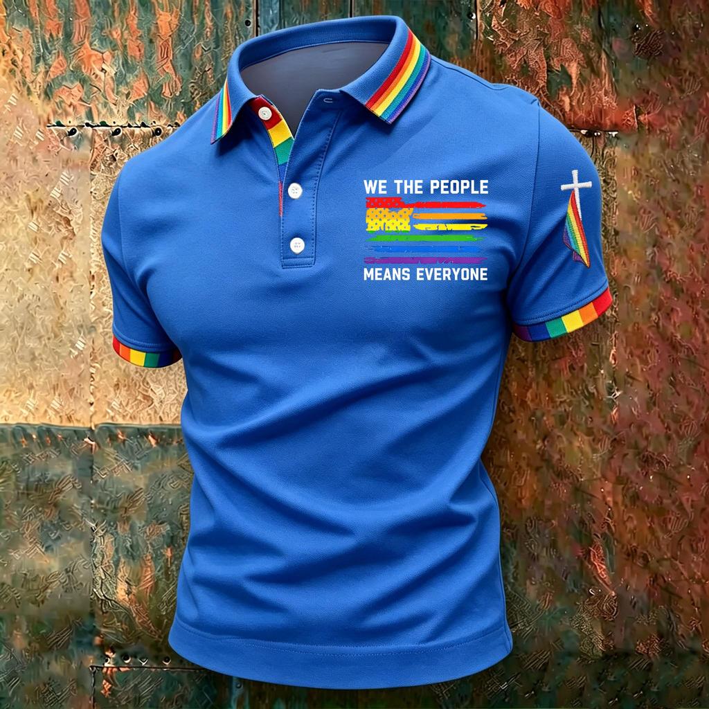 Men's Casual Polo Shirt Short Sleeve Gradient Print Classic Fit Button Down Collar Soft Breathable Fabric Top
