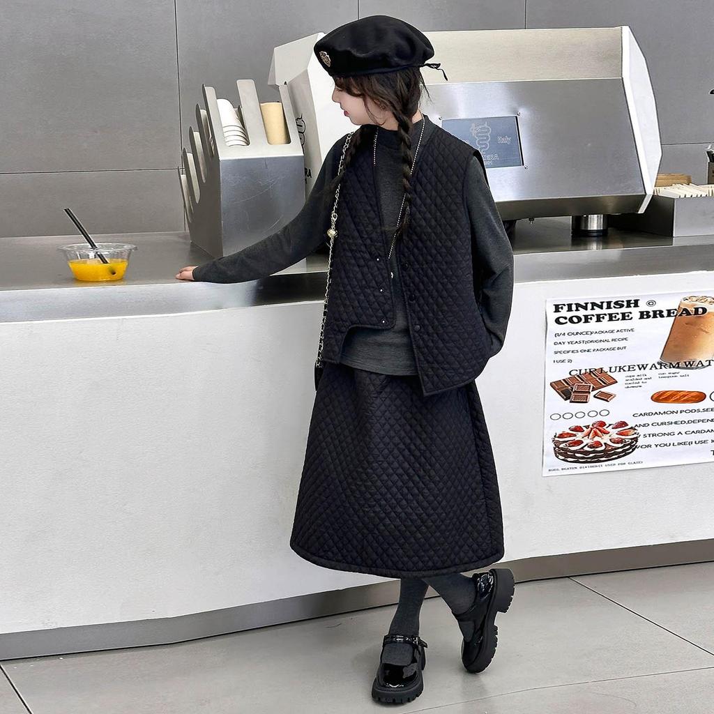 Set Vestă Matlasată și Fustă Midi pentru Fete - Modă Toamnă/Iarnă