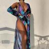 Swimsuit Women's Sexy One Piece Printing Deep V Neck Lace Up Blouse Bikini Sets