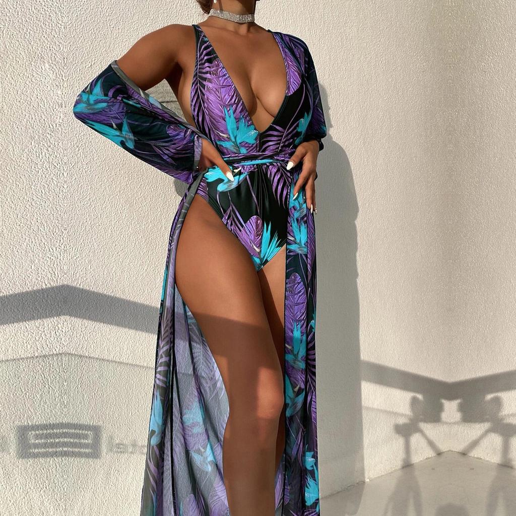 Swimsuit Women's Sexy One Piece Printing Deep V Neck Lace Up Blouse Bikini Sets