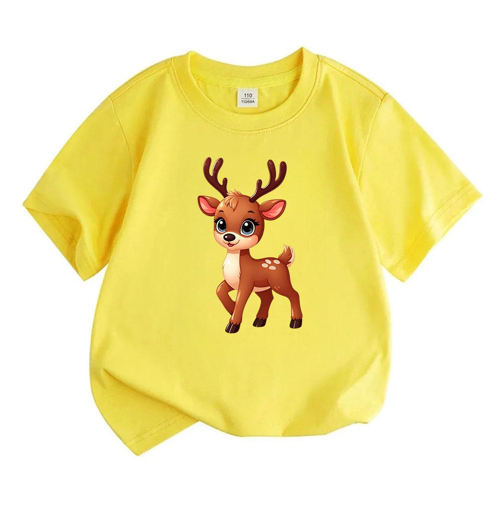 Cartoon Cute Little Deer Printed Kids 100% Cotton Crew Neck Short Sleeve T-Shirt Casual Soft Breathable Tee for Boys Girls Daily Wear Holiday Gift Top