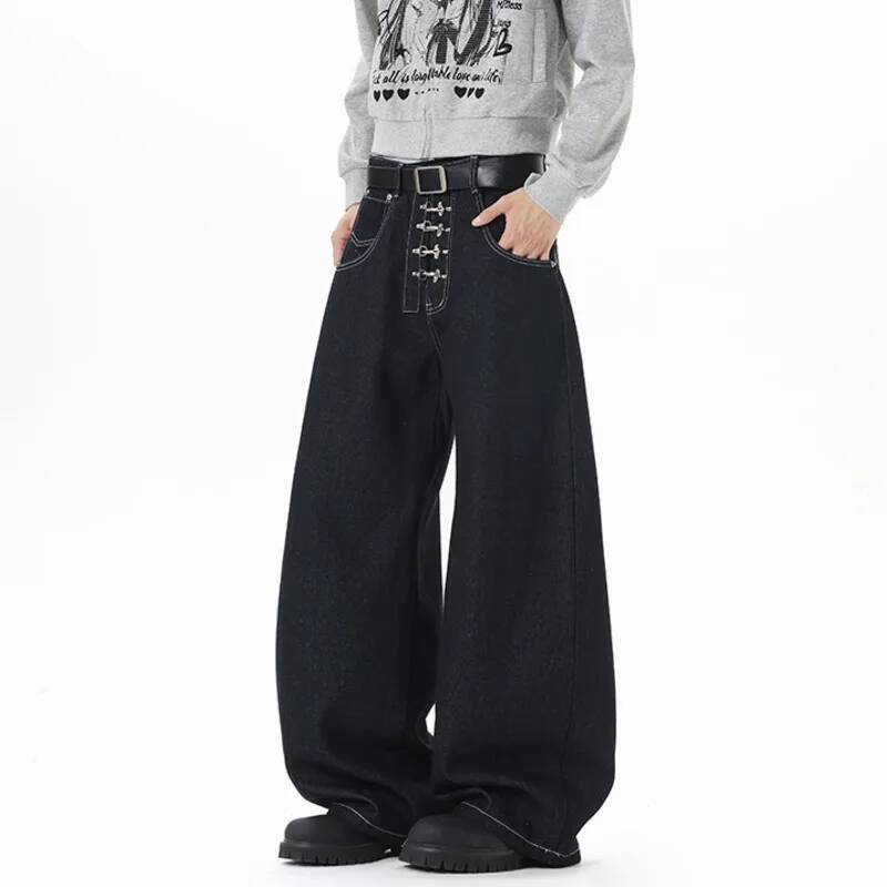 BeatStreet Korean Style Men and Women Jeans Solid Color Metal Buckle Casual Streetwear Straight Wide Leg Loose  Denim Pants Fashion