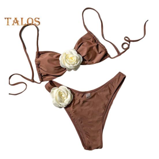 

2 шт./компл. женский комплект бикини, регулируемые подтяжки, открытая спина, 3D цветочный декор, бюстгальтер, быстросохнущие трусы, комплект пляжной одежды S кофейный