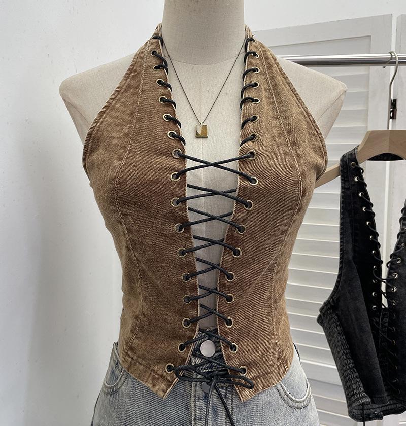 Denim Strappy Halter Crop Top with Rope Tie and Hollow-Out Back Design One Size хаки