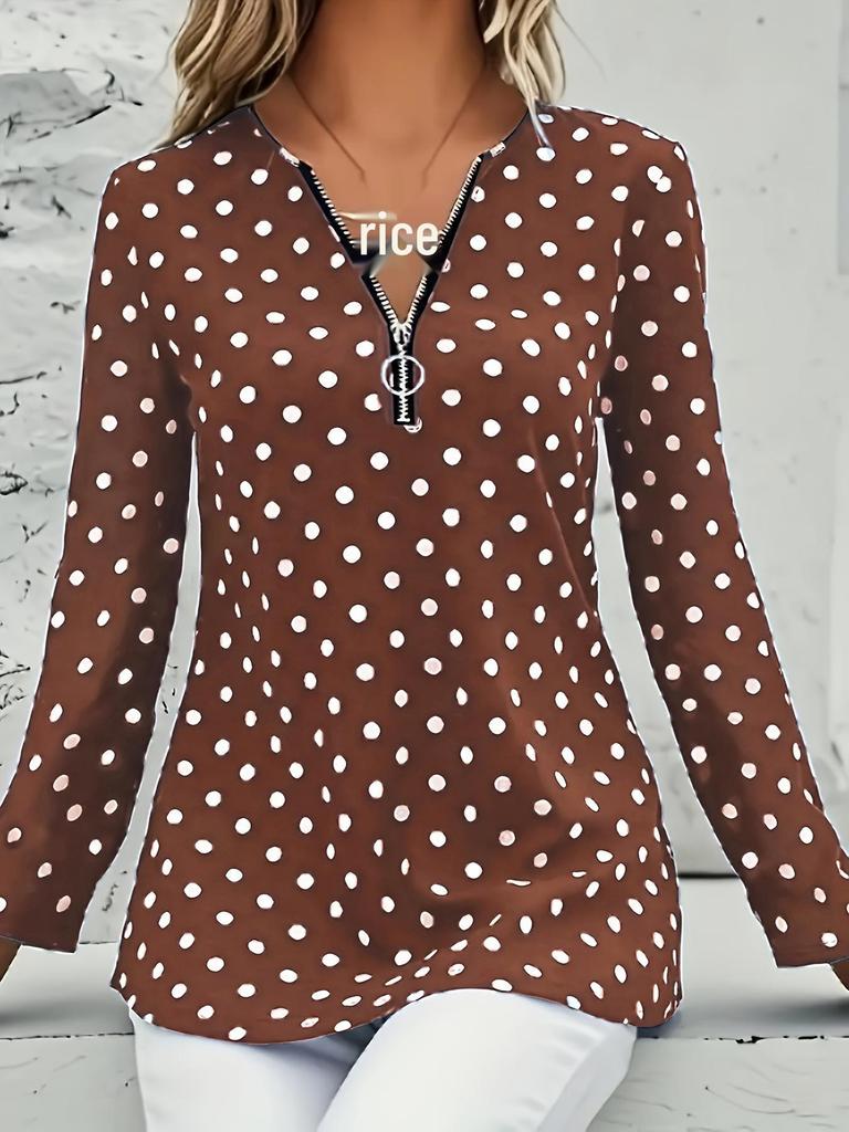 2025 Plus Size Women's Polka Dot Long Sleeve V-Neck Zipper Pullover Top
