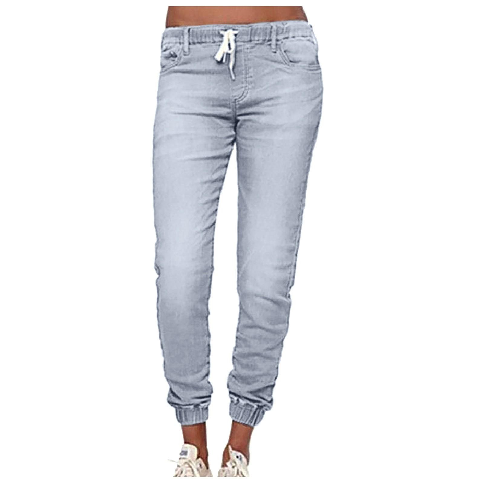 

(SU)Женские модные повседневные джинсы с карманами и средней талией Джинсовые повседневные брюки светло-синий