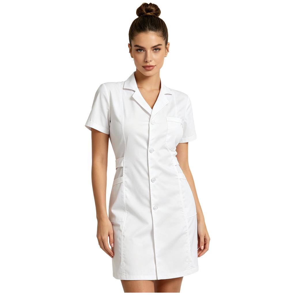 Donna Adulti Ospedale Infermiera Abito Scrub S-XXL - Colletto a Revers Manica Corta Abbottonatura Frontale Tinta Unita Camice da Laboratorio Uniforme