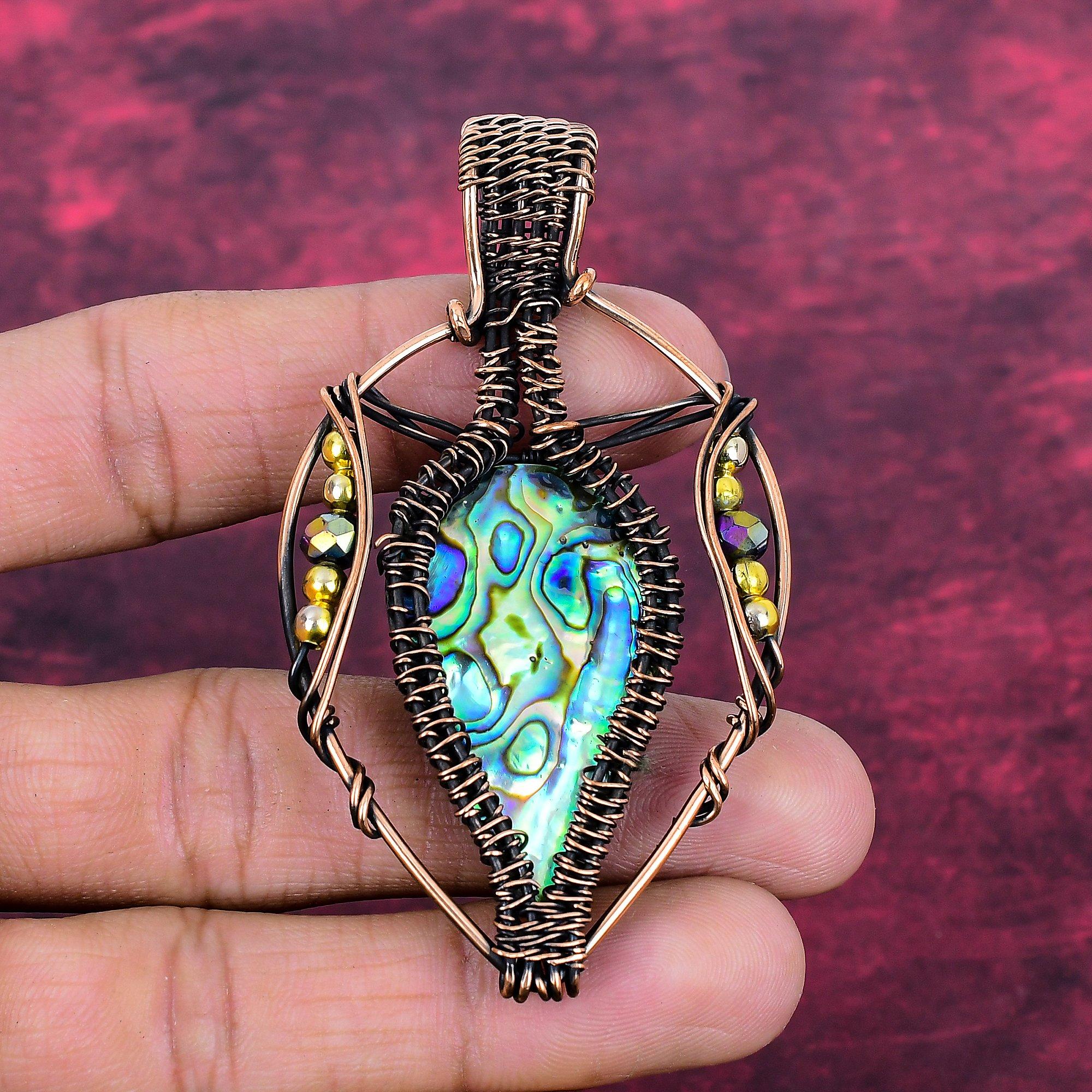 Abalone Shell Pendant Handmade Natural Gemstone Pendant Copper Wire Wrapped Jewelry