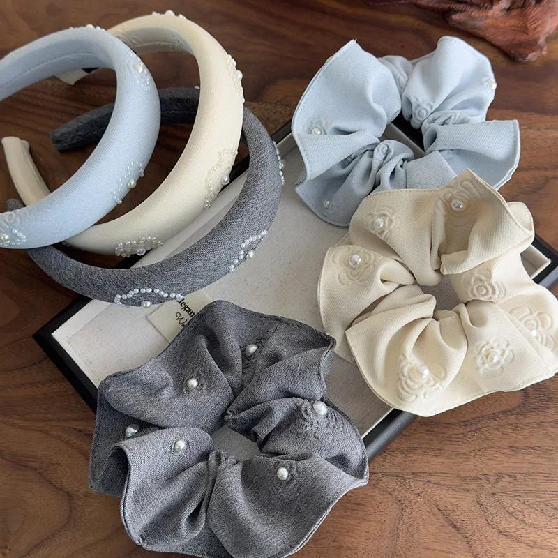 Retro Print Flowers Pearl Hair Tie Headbands Women Temperament Head Rope Hair Hoop Female Hair Accessories Fashion Headdress New