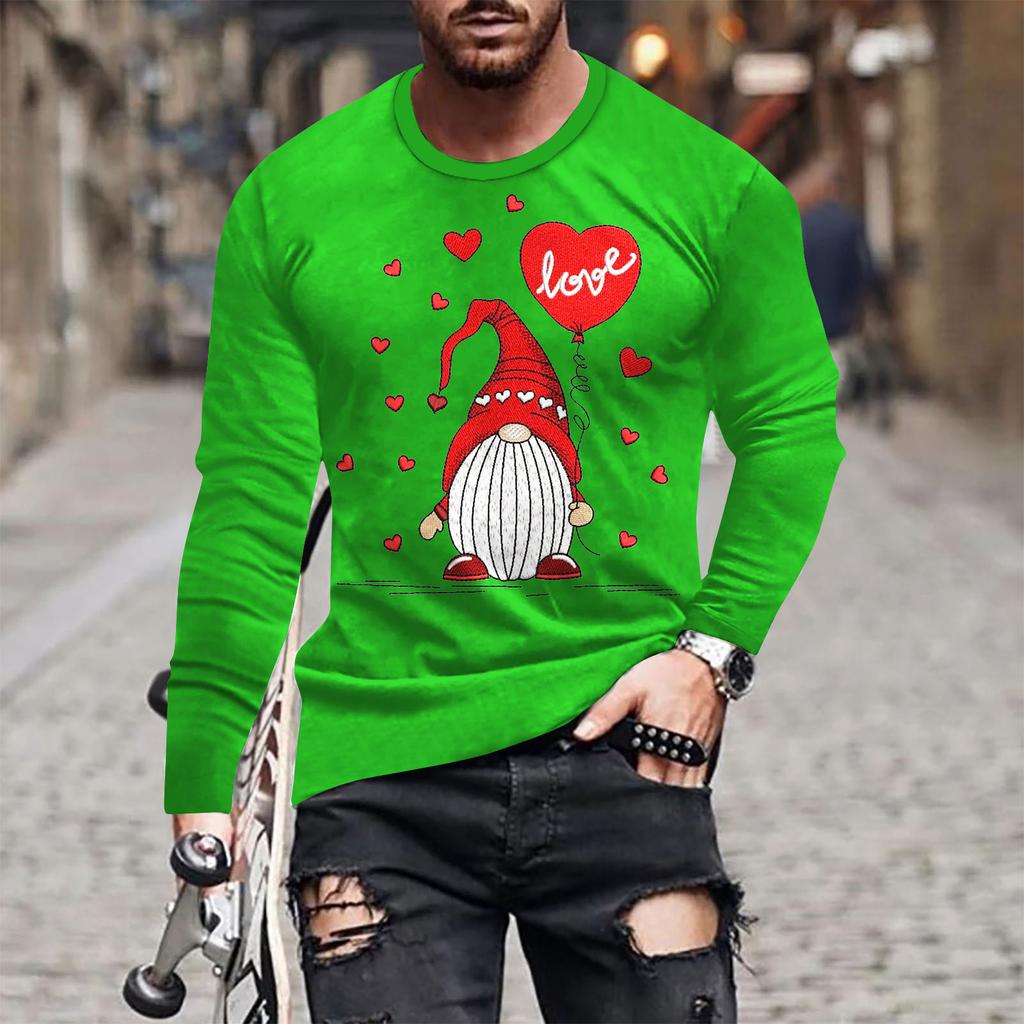 Spring and Autumn Round Neck 3D Love Printed Top Valentine's Day Themed T-shirts Fashionable Casual Long Sleeved Men's T-shirts