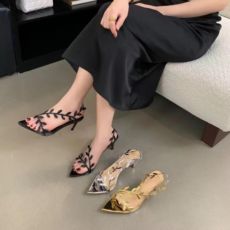 Fashion 2025 Summer New Pointy Gold High Heels Women's Stiletto Leaves Elegant Fairy Sexy Banquet Transparent Sandals