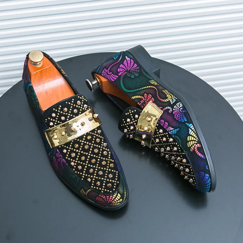 Luxury Designer Men's Studded Rivet Spike Slip On Mens Shoes Man British Rock Punk Wedding Dress Homecoming Shoes for Men