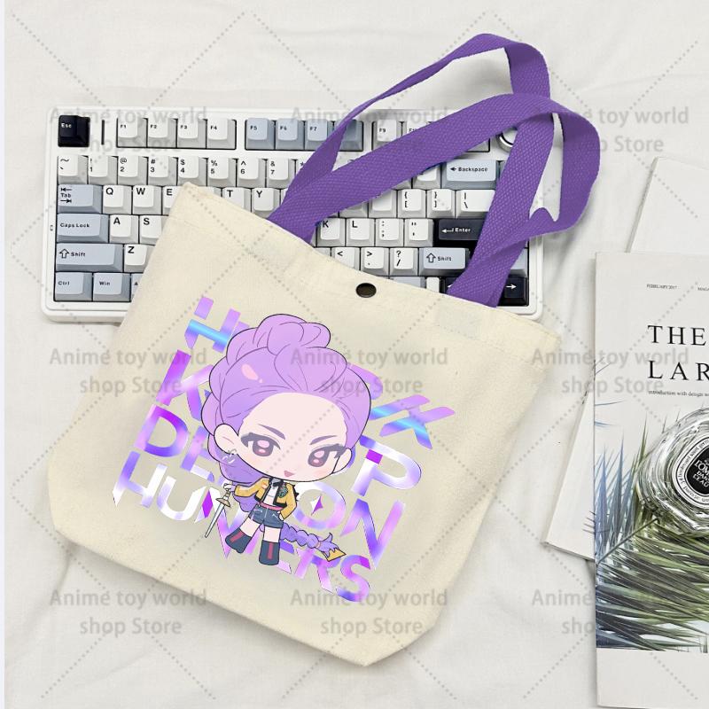 KPop Demon Hunters GIRLS Canvas Shopping Bags Women Cotton Tote Bags Reusable Cartoon Letter Shoulder Bag Grocery Handbag Beige