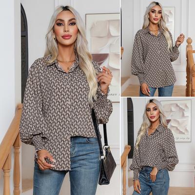 Damen Geometrisch bedrucktes Laternenärmel-Hemd Langarm-Hemd Top