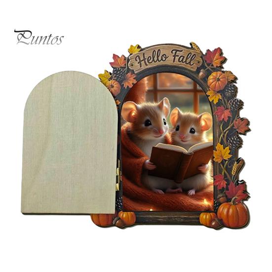 Decorative Baseboard Elf Door Wooden Halloween Decor, 2D Fairy Mouse Miniature Wall Autumn Theme Tale Ornaments Hanging, Rustic Shelf Ornament