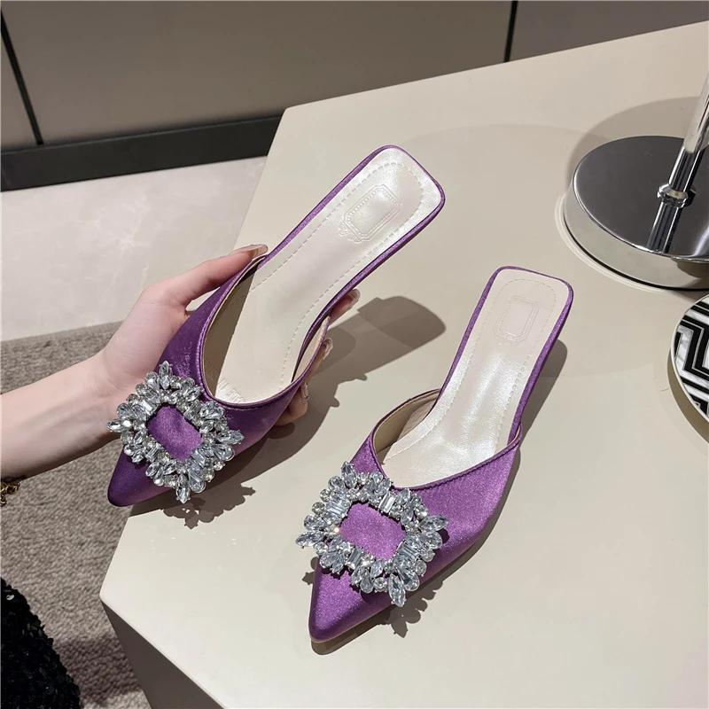 

New Women s Shoes New Mules Women s High Heels Wedding Pump Women Rhinestone Pointed Toe Sandals Ladies Zapatos Mujer 42 фіолетовий