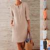 Women Dress Solid Color Pockets Summer Round Neck Long Sleeve Buttons Dress for Dating