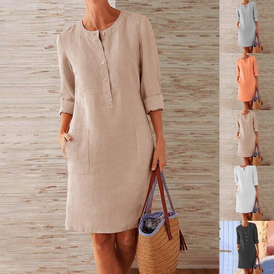 Women Dress Solid Color Pockets Summer Round Neck Long Sleeve Buttons Dress for Dating