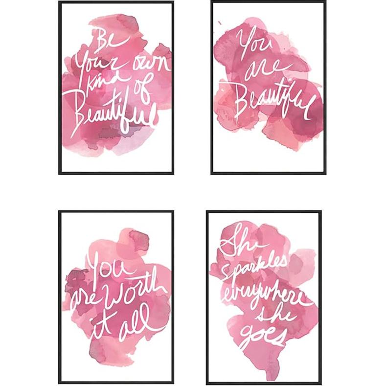 4 pcs Frame Wall Art Stay Positive Make It Happen Motivational Inspirational Quote Pink Canvas Painting Poster Pictures for Teenage Girl Bedroom чёрный