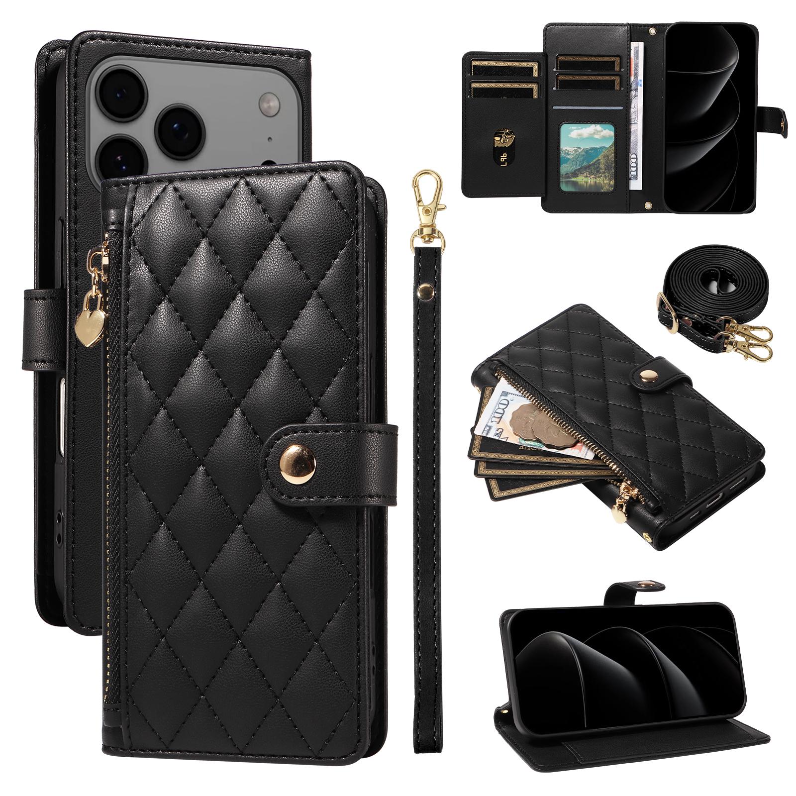 

For iPhone 17 Pro Max Wallet Case with Straps,Rhombus Leather Stand Phone Cover Black