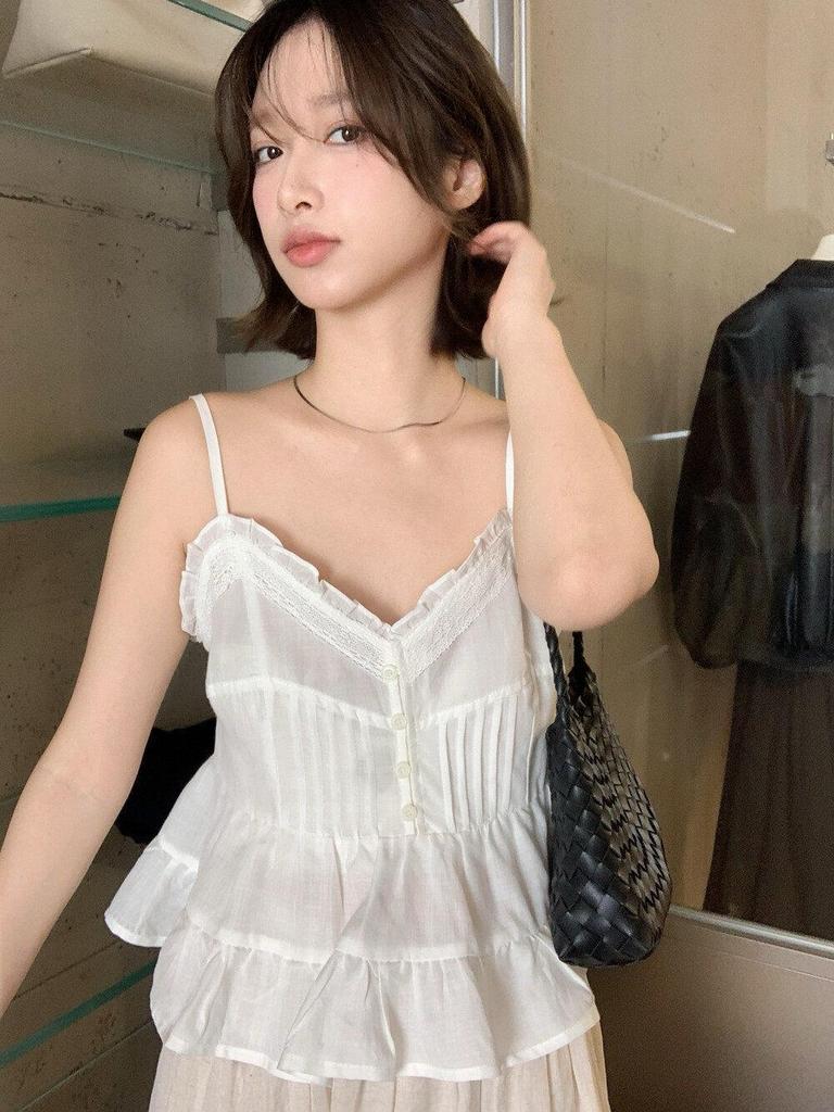 Korean-Style Ruffled Lace V-Neck Camisole for Women