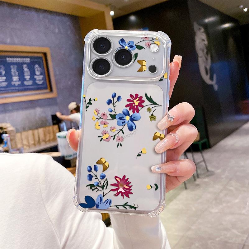 Retro Color Flower Apple 17promax Mobile Phone Case All-inclusive Four Corners Anti-drop Transparent Case iPhone15 Soft Case