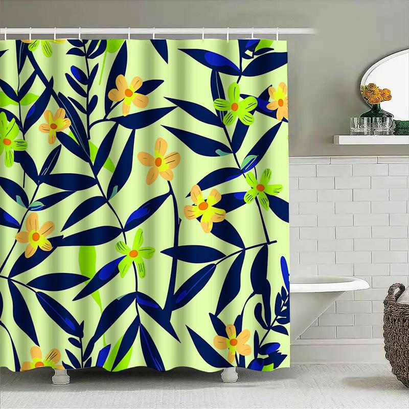 Modern Floral Print Shower Curtain Soft Fabric Waterproof Bathroom Decor For Home Living Room Lime Green Yellow Orange Navy Blue