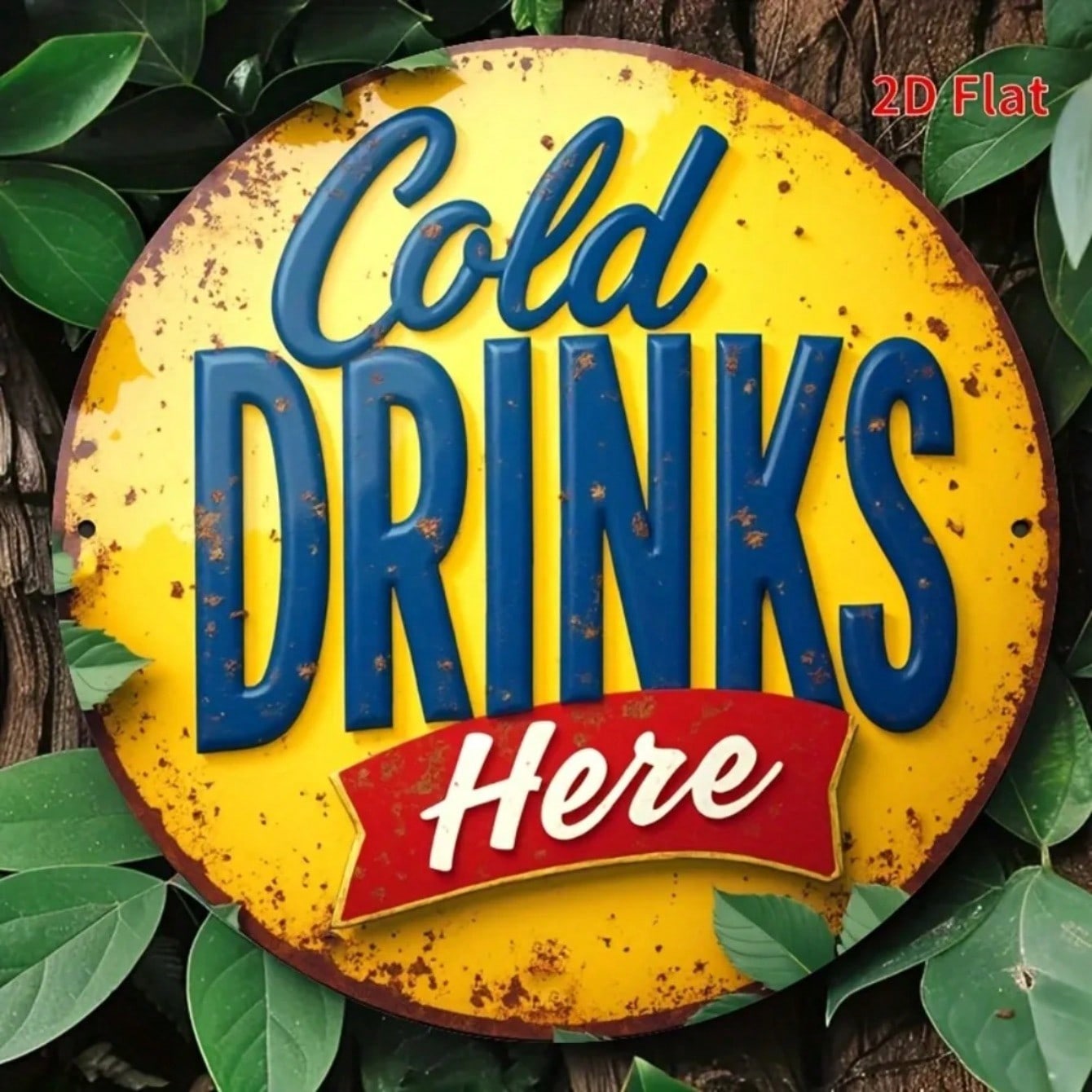 

Vintage Style Cold Drinks Here Aluminum Tin Sign Distressed Yellow Blue Retro Wall Decor 20x20