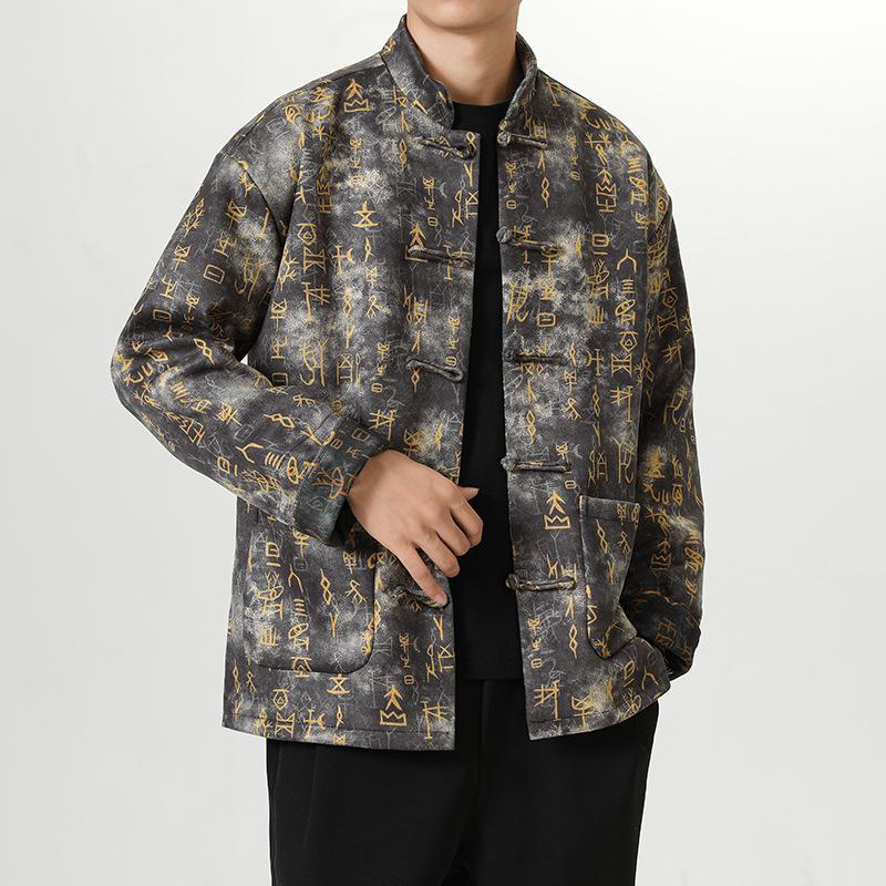 Nowy Styl Chiński Styl Chiński Skóra Jelenia Wyrocznia Drukowana Gruba Kurtka Stójka Guziki Styl Starożytny Garnitur Tang Męska Kurtka