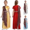 Girls Shiny Metallic Toga Dress Short Sleeve Draped Vintage Waistband Greek Cosplay Costume