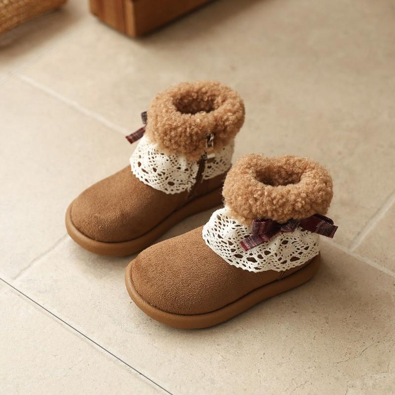 Girls Winter Boots With Bow Trim Faux Suede Side-Zip Ankle Warm Lined Toddlers Kids