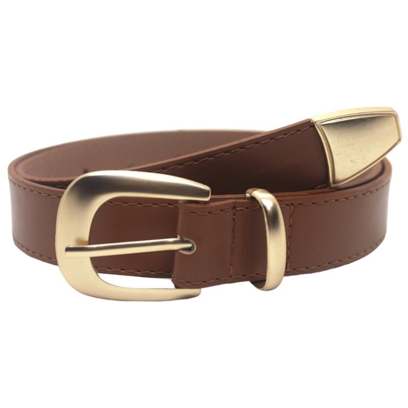 

Luxury PU Leather Sash Belt With Golden Three Piece Clasp Head Detail, Adjustable Length For Formal Casual Outfits 1 світло-коричневого кольору