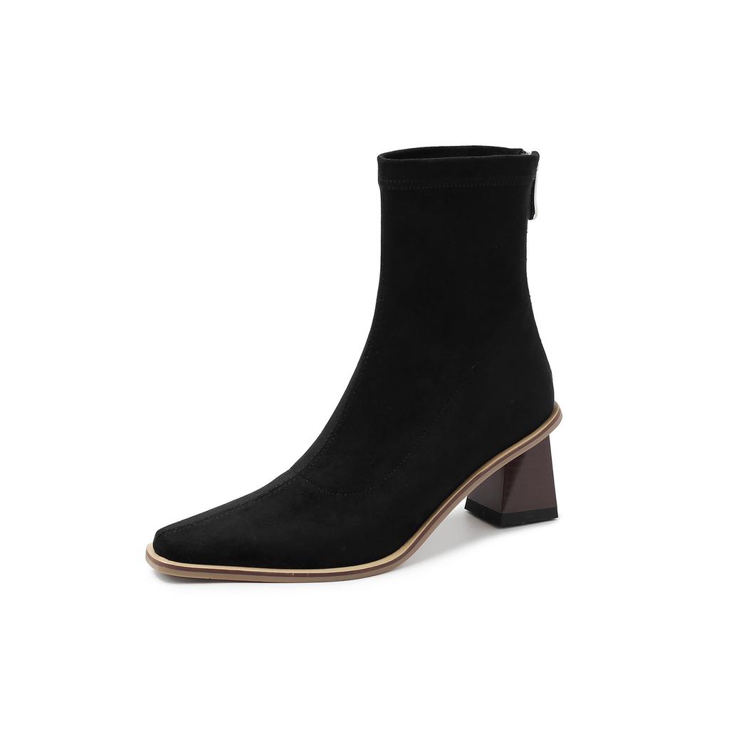 6CM Niche Fashion Simple Elastic Thin Boots 2025 Autumn and Winter New Square Head Thick Heel Rear Zipper High Heel Short Boots