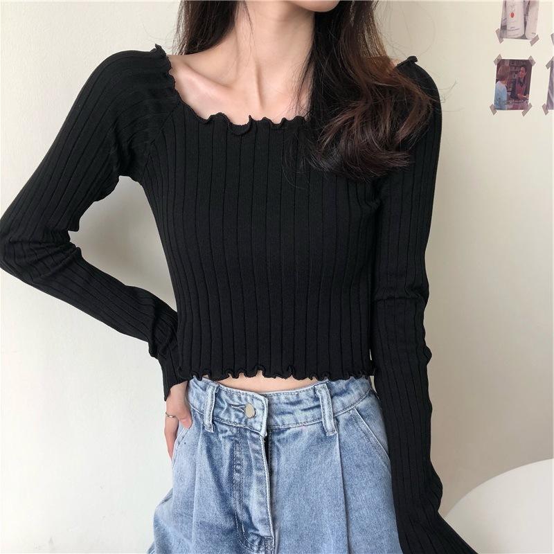 Autumn New Slim Fit Slimming One Shoulder T-shirt for Women Short Knit Sweater, Long Sleeved Top Sweaters