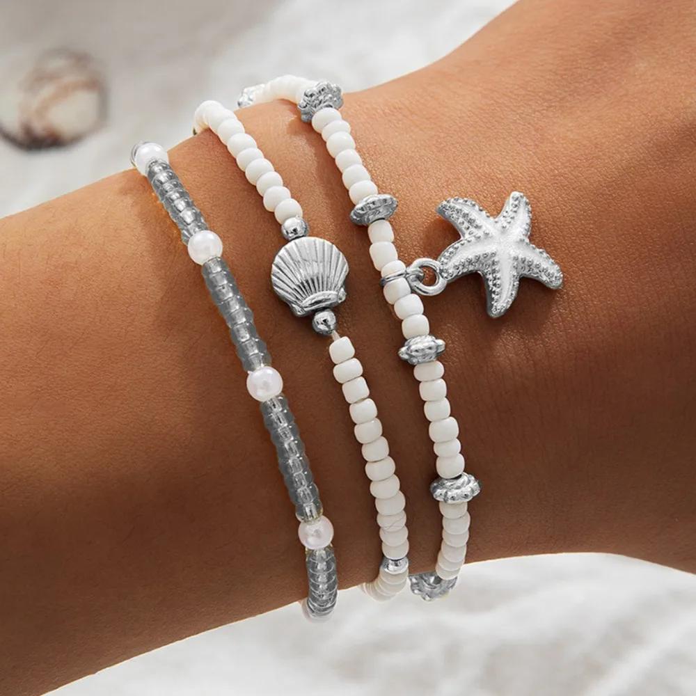 3PCS Bohemian Rice Beads Starfish Pendant Anklet Set Fashion Summer Beach Sea Shell Multilayer Ankle Bracelet On Foot Jewelry