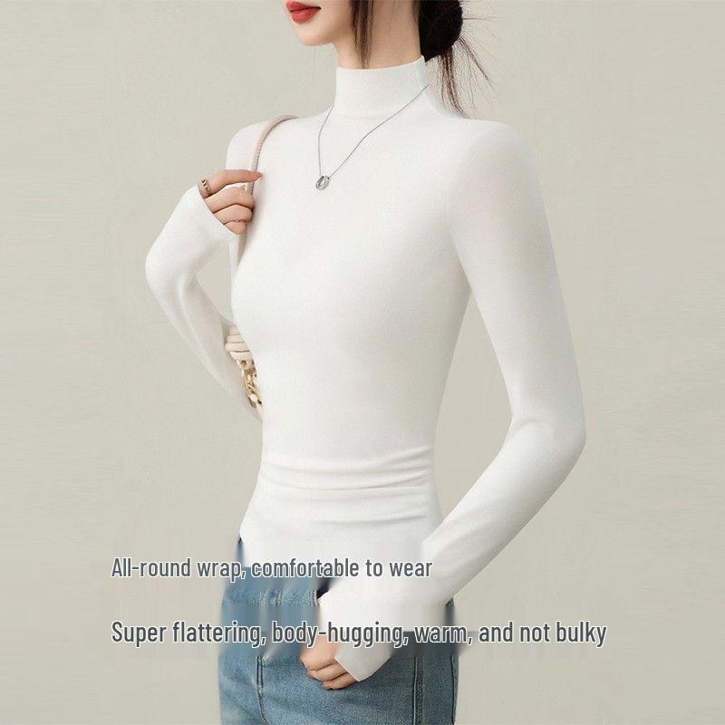 2025 New Style Women's Black High Neck Velvet Base Layer Shirt - Slim Fit Long Sleeve for Autumn/Winter